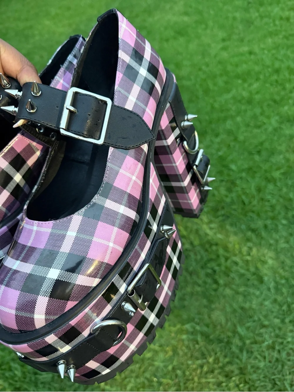 Dolls Kill Pink Plaid Platform Mary Janes with Studded Buckle
